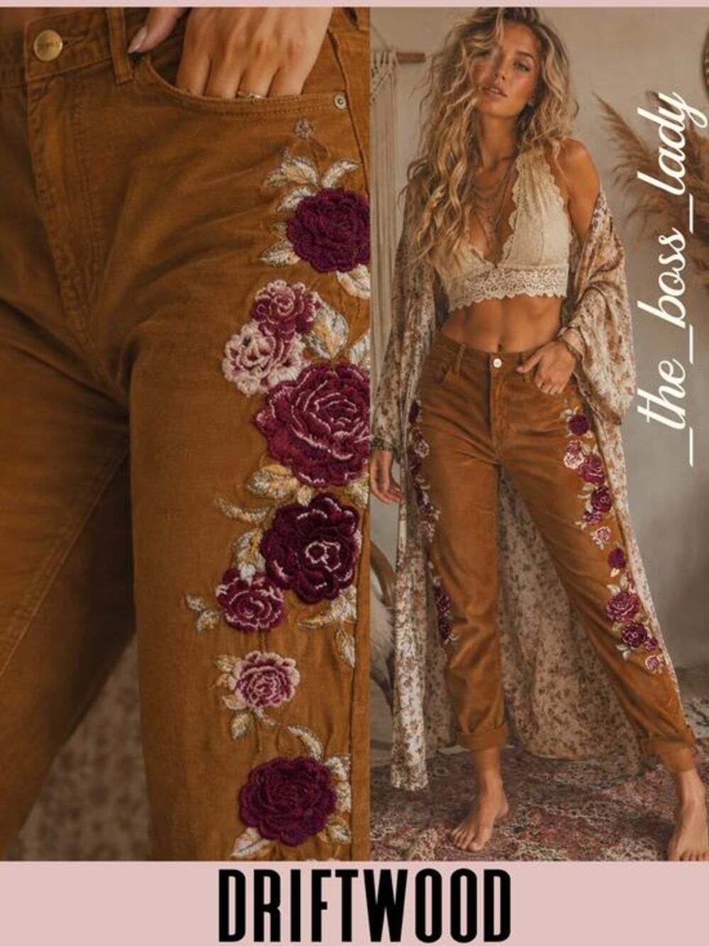 Driftwood x Free People pants corduroy floral embroidery 31